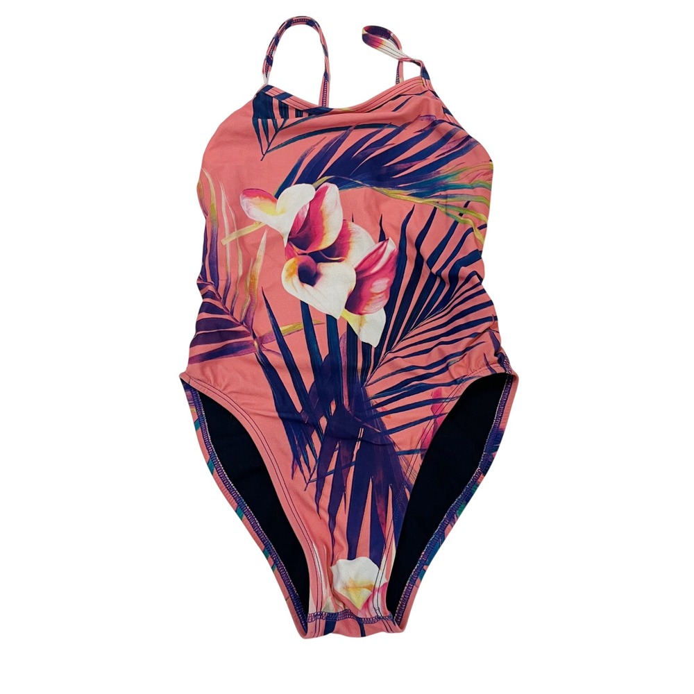 Jolyn Rhys One Piece Swimsuit Size 26 Pink Tropical Floral Palm Training Swim